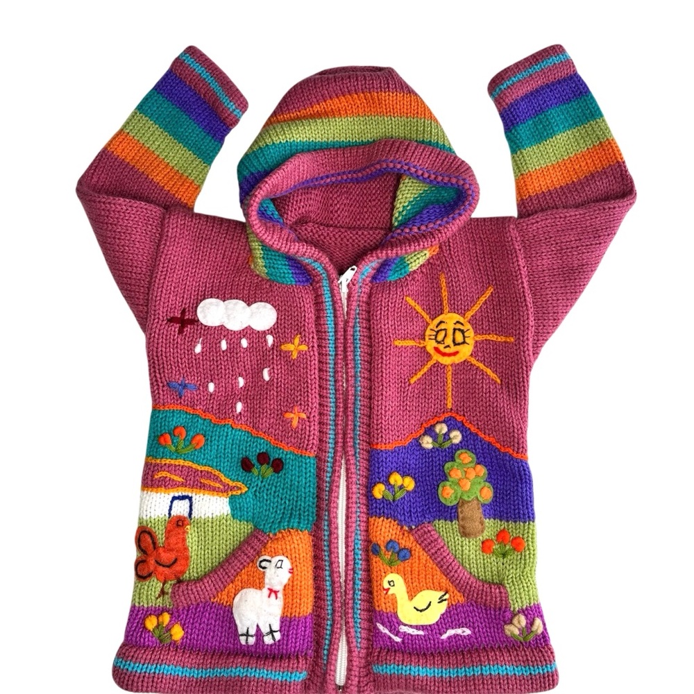 Peruvian Knit Toddler Hoodie Full Zip Colorful Embroidered Animals 2T